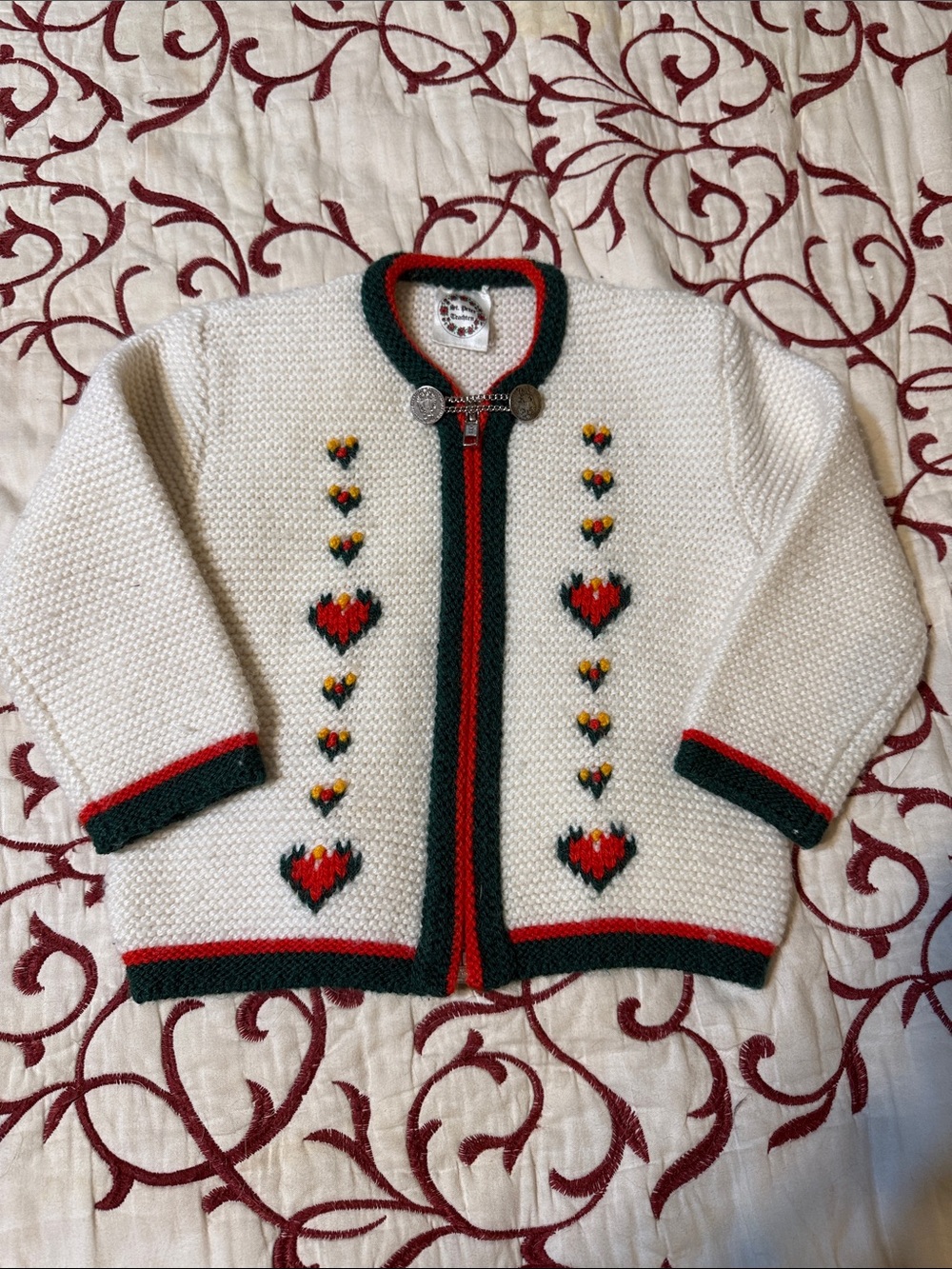 Children's Cream Knit Cardigan with Red & Green Trim Sz 2 Toddler